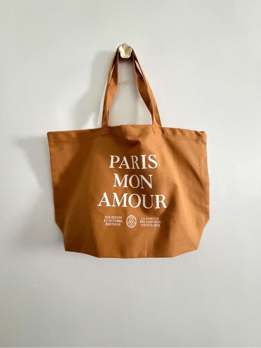 Sezane Paris Mon Amour Canvas Tote in Warm Brown with White Print